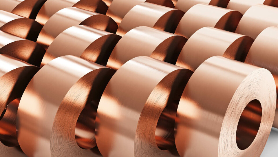 Copper sheets in rolls, rolled metal products. Warehouse of copper rolls. 3d illustration.