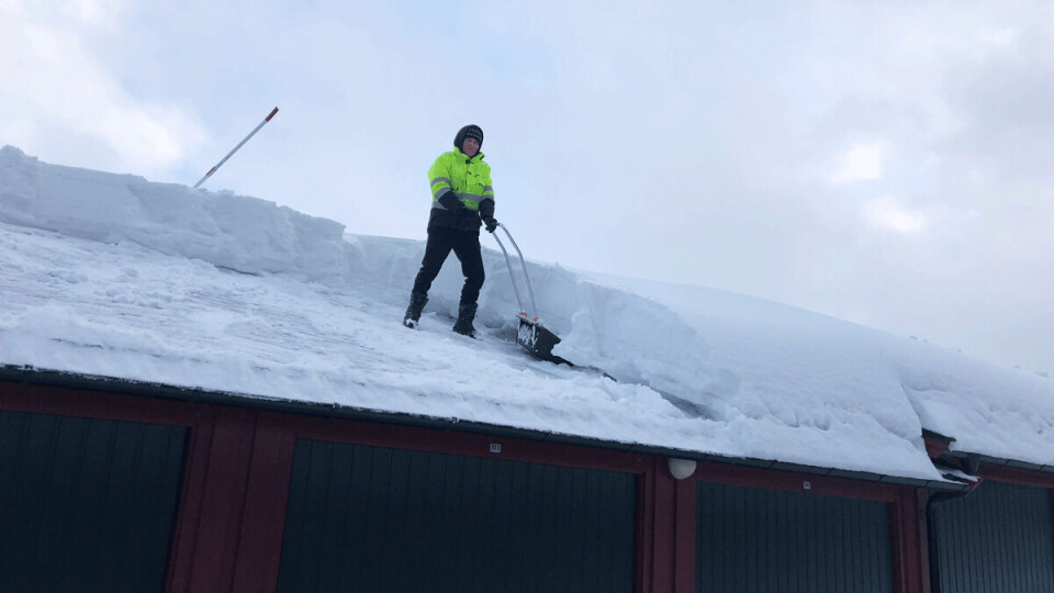 Trym Aas og andre blikkenslagere må måke metervis med snø av tak for å komme til.