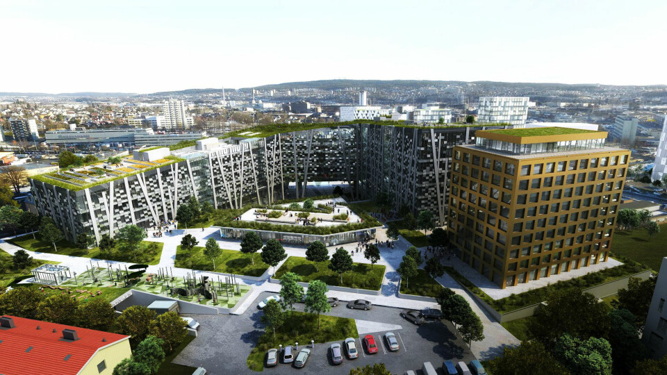 Hus med grønt mellom og på takene er tanken for Building Green.