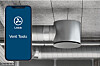 Digitalt skilt med Lindab-logo og teksten «Vent Tools» foran ventilasjonsrør i taket.