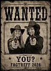 Vintage wanted-plakat med to cowboykledde personer og stor teksten «WANTED» øverst.